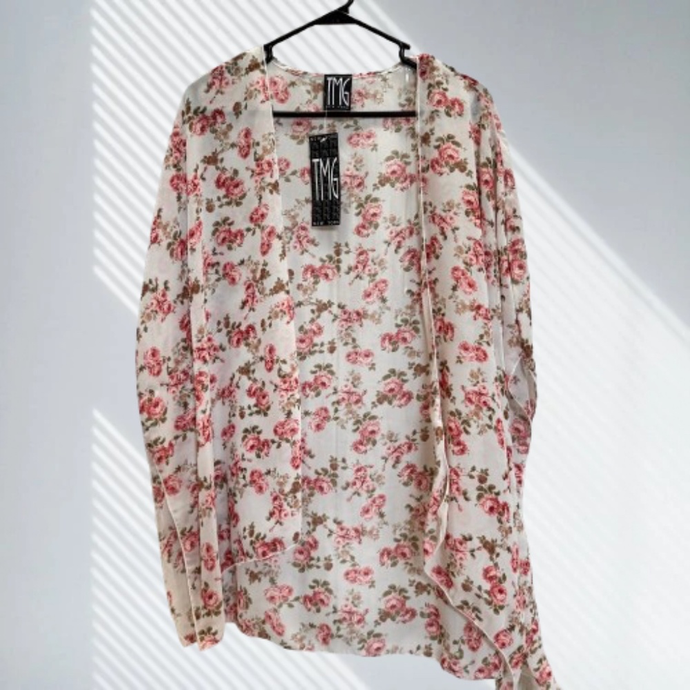 TMG New York Women's 1X White Pink Floral Kimono Cover‎ Up